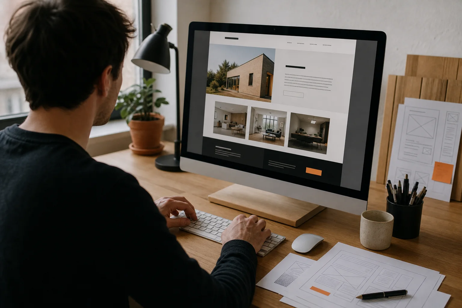 Webdesigner werkt aan een maatwerk WordPress-website in een warme kantooromgeving