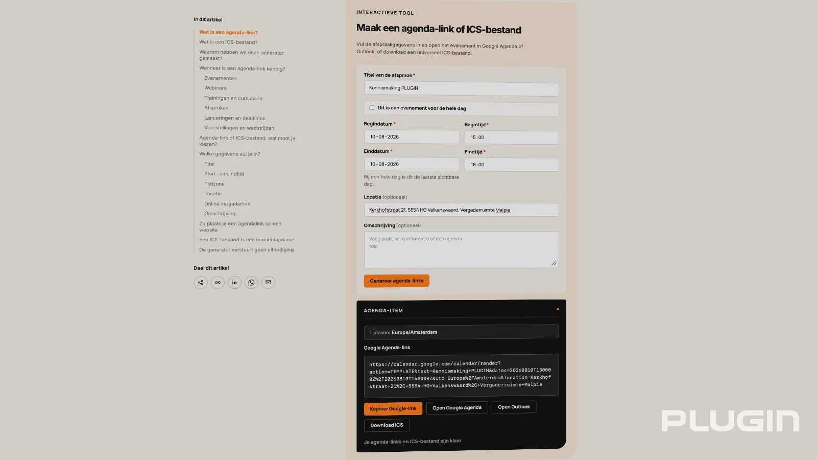 Kalender link genereren tool
